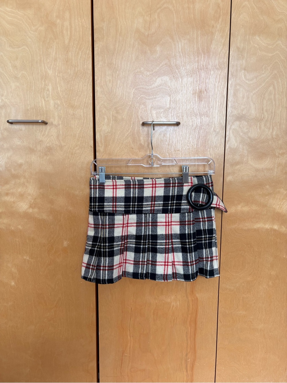 Plaid Mini Skirt with Buckle Accent - Black, White & Red